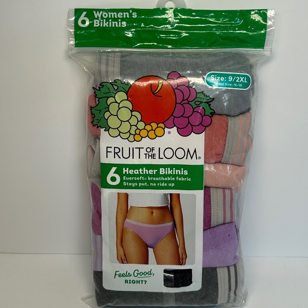 Fruit of the Loom Womens 6 Pack Heather Bikinis Eversoft Size 9 2XL New